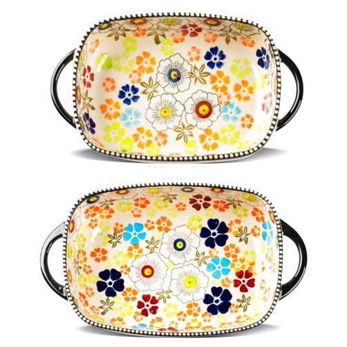 Xnqelerate Ceramic Baking Dish, Rectangular Porcelain Bakeware Sets of 2, Casserole Dishes for Oven, Hand-Painted Flower Baking Pan Lasagna Pans with Handles for Baking Cooking Kitchen