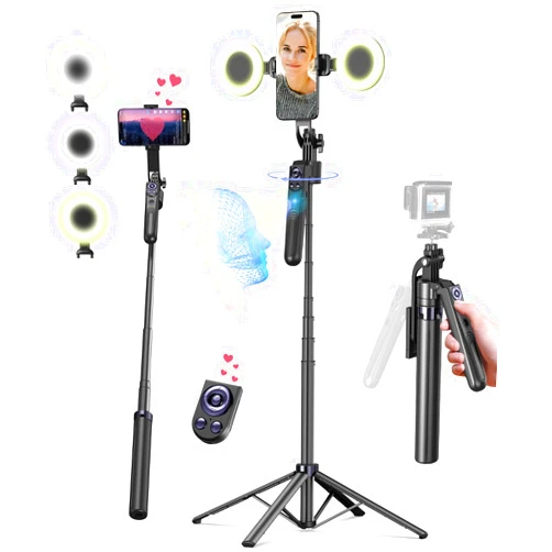 Yeaki 71” Auto Face Tracking Tripod for iPhone with Light,360° Rotating Phone Stand with Rechargeable Remote Control for TikTok Vlog Video Recording, Phone Tripod for Android Camera/GoPro/Ring Light