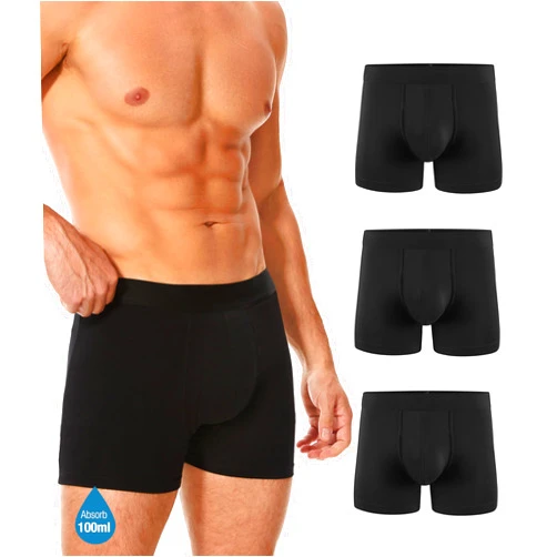YESWEL Men's Incontinence Underwear, Leak Proof Washable Reusable Cotton Boxer Brief, Heavy Flow Bladder Leak 3 Pack (Black, XX-Large)
