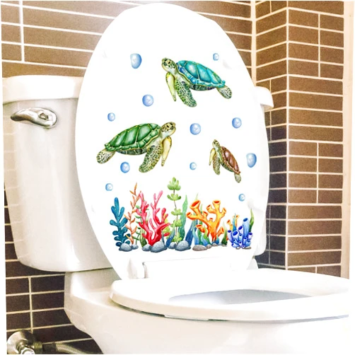 Generic Under The Sea Toilet Stickers Seaweed Coral Sea Turtle Toilet Lid Decals Bathroom Decorative Wall Stickers Removable Peel And Stick Toilet Seat Lid Cover Decor Self-Adhesive WC Restroom Wall Art Mural