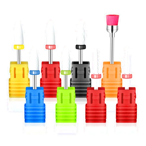 Unibouti Ceramic Nail Drill Bits Set 8pcs- 3/32''(2.35) Electric Nail File Bits with Holder for Manicure Pedicure Acrylic Gel Polishing - 5 Sizes Corn Head + Flame Top, Cuticle Bits, Brush