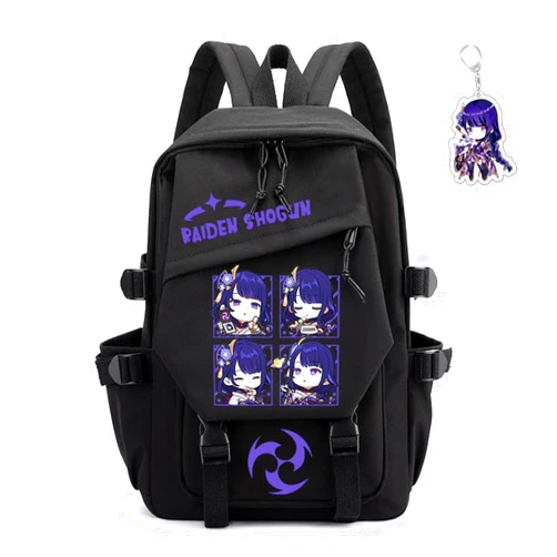 SodaMeow Genshin Impact Backpack Unisex Women Men Rucksack Furina Xiao Scaramouche Kawaii Backpack, Free Keychain (Black-Raiden Shogun)
