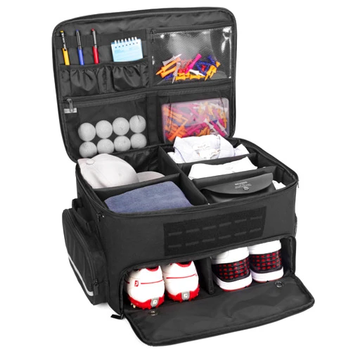 GOBUROS Golf Trunk Organizer Storage with Separate Compartment for 2 Pair Shoes Up to US Mens 16, Golf Car Locker Organizer for Balls, Tees, Clothes, Gloves, Accessories