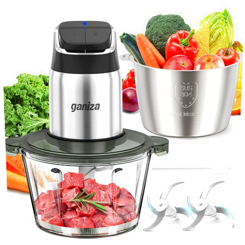Ganiza Food Processor, 2-Speed Food Chopper Meat Grinder with 8 Cup Stainless Steel & 8 Cup Glass Bowls, Upgraded Button & Smart Overheat Protection Light - Includes Clean Brush, 2 Sets of Blades