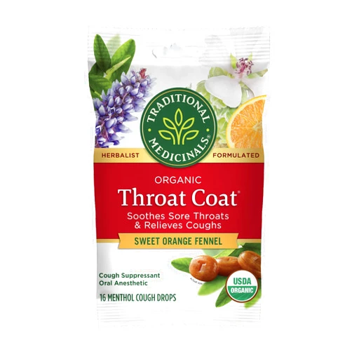 Traditional Medicinals Organic, Throat Coat Lozenges, Sweet Orange Fennel with Menthol - Herbal Cough Drops, Helps Soothe Sore Throat & Relieve Cough - Non-GMO, Stimulant-Free - 16 Count