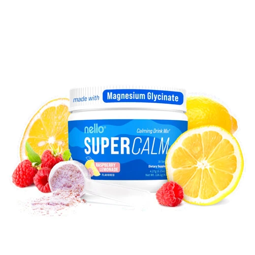 Nello Supercalm Powdered Drink Mix Tub, Cortisol Reducer*, Sleep Aid Supplement, L Theanine, Ksm-66 Ashwagandha, Magnesium Glycinate, Vitamin D 3, No Sugar, Non GMO, 30 Ct, Raspberry Lemonade