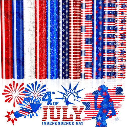 JarThenaAMCS 11 Sheet 4th of July American Flag Heat Transfer Vinyl Red Blue White Vintage HTV Adhesive Craft Vinyl Patriotic Iron on Vinyl for Independence Day Clothing DIY Fabric, 9.6 x 11.8 Inch