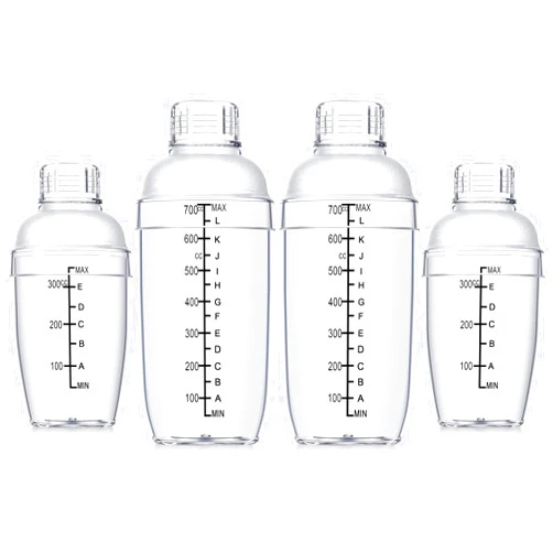Lallisa 4 Pcs Plastic Cocktail Shaker Hand Drink Mixer Bubble Tea Shaker with Scales and Strainer Top Clear Shaker Cup with Measurements Mixing Tool for Tea Coffee Milk(700 Cc/ 24 Oz, 350 Cc/ 12 oz)