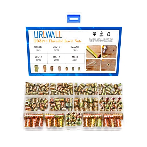 URLWALL 165PCS Threaded Inserts Nuts, Wood Insert Assortment Tool Kit, M4/M5/M6/M8 Furniture Screw in Nut Wood Inserts Metric Bolt Fastener Hex Socket Drive for Wood Furniture Assortment