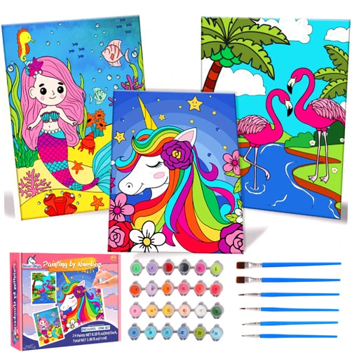 Jovial & Joyful Paint-by-Numbers-Kit-for-Kids, 3 Pack 8x10 Inch Framed Canvas With 24x3ml Acrylic Paints Pots, 6 Brushes, Paint And Sip Kit For Kids, Predrawn Paint Canvas, Painting Stuff For Teens, Kids Art Set