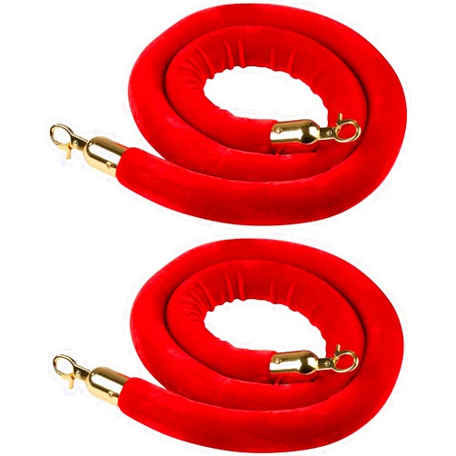 Juvale Set of 2 Red Velvet Stanchion Rope, 5-Foot Crowd Control Barriers with Polished Gold Hooks