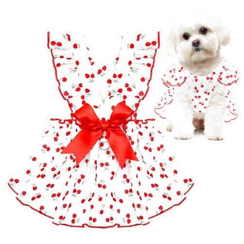 CuteBone Cotton Dog Dress Cherry with Leash Ring & Sleeve Ruffles, Soft & Breathable, Stylish Pet Clothes Outfit for Small Dogs, Comfortable & Easy to Wear CFX01L