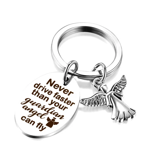 Hotop Sweet Guardian Angel Keychain New Driver Key Ring Gift Never Drive Faster Than Your Angel Can Fly Keychain Charm for Women Girls