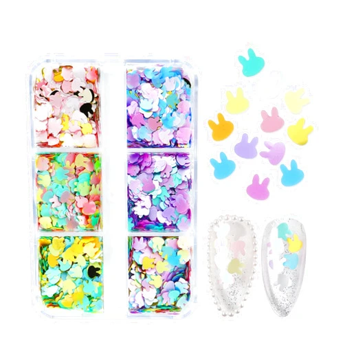 UCCASA Bunny Nail Art Glitter Holographic Easter Nail Art Supplies Sequins 3D Cute Rabbit Flake Sparky Metallic Bunny Nail Stickers Sparkly Nail Art Decoration Sparkles for Women Manicure Tips 6 Grids