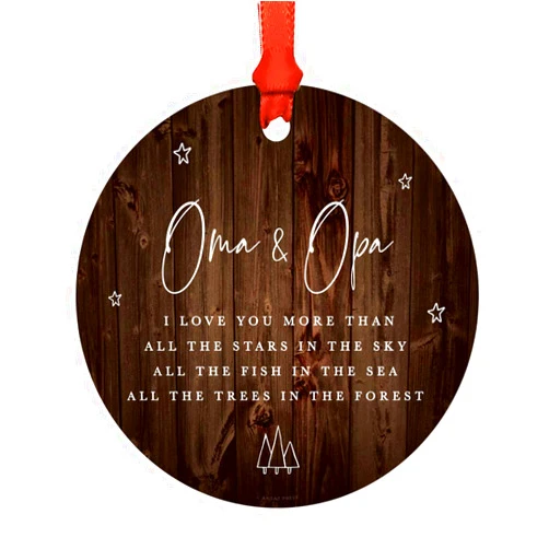 Andaz Press Round Metal Christmas Ornament, Oma & Opa, We Love You More Than All The Stars in The Sky, All The Fish in The Sea, All The Trees in The Forest, Rustic Wood, 1-Pack Oma and Opa Ornaments