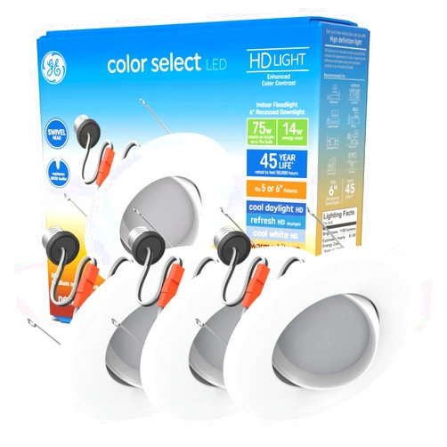 GE Color Select LED Recessed Downlight Fixture with Swivel Head, RS6 Indoor Floodlight, 6-Inch, Multiple Color Temperatures, 75 Watt Replacement (3 Pack)