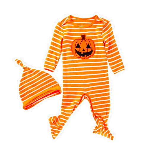 IDOPIP Baby Boys Girls 1st Halloween Pumpkin Santa Jumpsuit Long Sleeve Striped Romper Hat 2PCS Footie Romper Outfit Set 0-2T