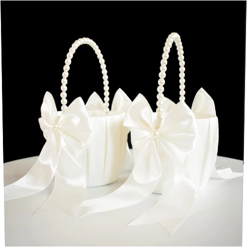 ATAILOVE Flower Girl Basket with Pearl Handle, Ivory Fariy Wedding Baskets for Flower Girls, Set of 2