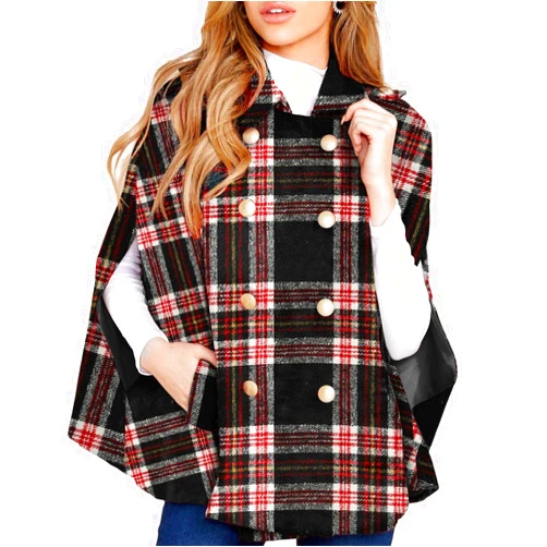 MISUMALLS Womens Plaid Jacket Double Breasted Winter Cape Coats Turn Down Poncho With Pockets
