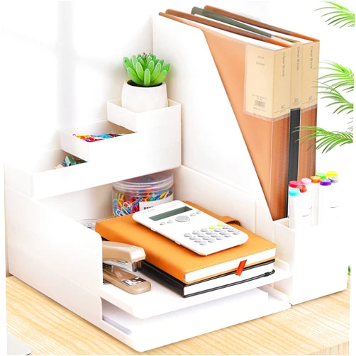 Idealiveny Stackable-File-Organizers for Office Supply Organizers with 2-Tier Paper Letter Tray Plastic File Holder Document Organizers Pen Holder and Drawer Bins for Office Desktop Organizer
