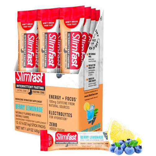 SlimFast Hydration Packets, SlimFast Intermittent Fasting Electrolytes, Energy Powder Drink Mix, Caffeine from Natural Sources- Berry Lemonade (12 Count)