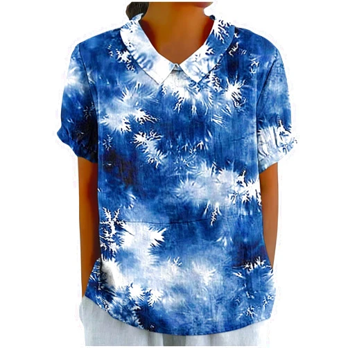 Bawilom Womens Short Sleeve Shirts Summer Linen Blouses Collared Neck Loose Fit Casual Tees Ladies Vintage Floral Print Tops