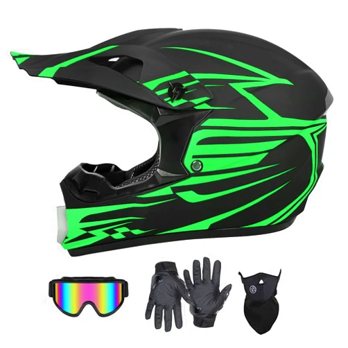 SanQing Youth Kids Motocross Dirt Bike Helmet DOT Approved ATV Motorcycle Full Face Helmet Kids Four-Wheeler Offroad Street MX Helmet with Gloves,Goggles,Face Shield 4-Piece Set (Green, Small)
