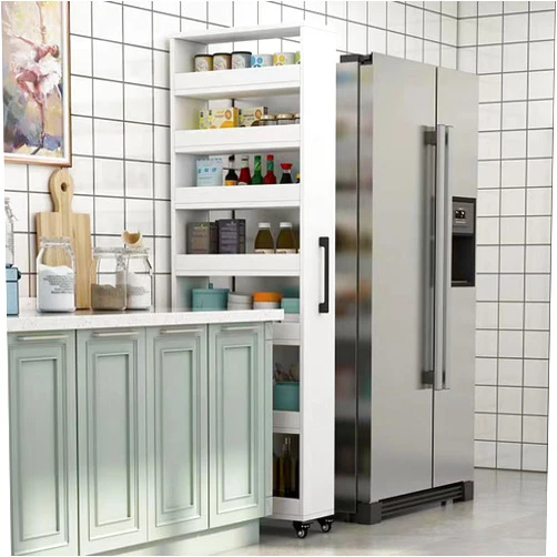 RUYICZB 7 Tier Standing-Shelf with Wheels Wooden Narrow Buffet Server Storage Shelf Freestanding Shelves Units for Home Kitchen Bakers Closet Pantry,White,73.2x5.9x21.6in