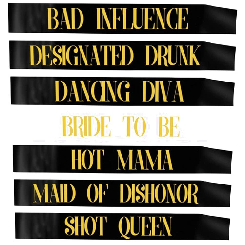 MAGICSHOP4U Bachelorette Sash Set (7 pcs) - Bride to Be Sash Bachelorette Party Decorations - Bride and Bridesmaid Sashes for Bachelorette Party Decorations (Black, Gold Letters). Ideal Bridal Shower Supplies