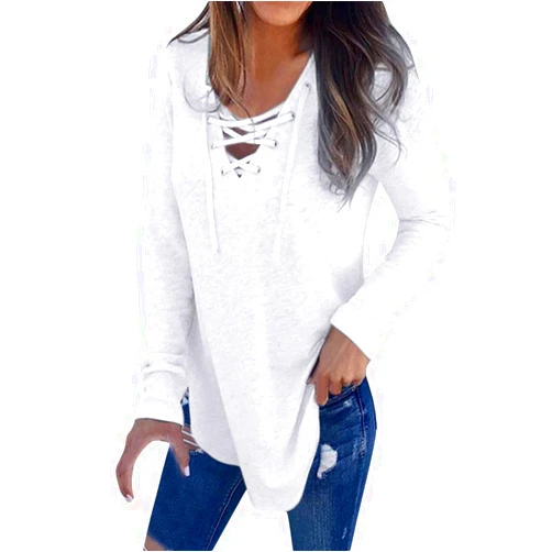Generic Womens Sexy Lace Up Low Cut Deep V Neck Tunic Tops Casual Slim Fit Long Sleeve Bandage Criss Cross Pullover Sweatshirts