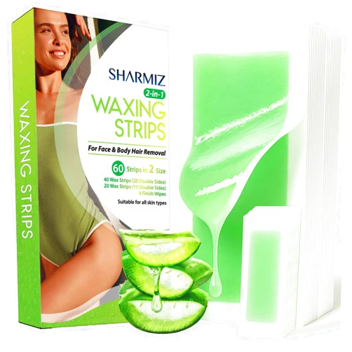 Sharmiz Wax Strips for Hair Removal Kit: 60 Pieces 40 Body & 20 Facial Waxing Strips for Face, Eyebrow, Arms, Legs, Underarm, and Bikini