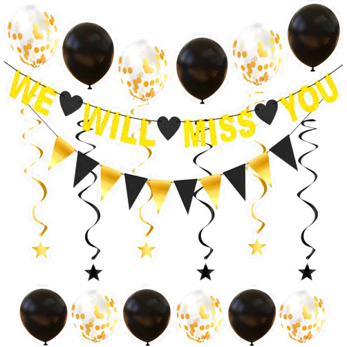 PARTYSURE We Will Miss You Decorations Gold Glitter We Will Miss You Banner, Triangle Flag Garland, Star Hanging Swirls and Balloons for Office Leaving, Farewell, Goodbye, Going Away Party Decorations