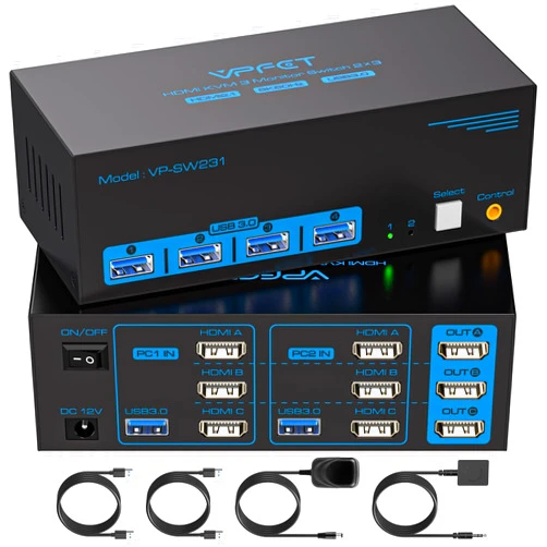 CMSTEDCD 8K@60Hz HDMI KVM Switch 3 Monitors 2 Computers 4K@120Hz USB 3.0 KVM Switches for 2 PC Share Triple Monitor and 4 USB Ports Supports Extended&Duplicate Mode.Wired Controller DC 12V/1A Adapter Included