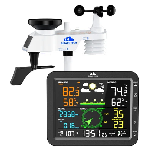 AIRAIN TECH 10-in-1 Wireless Weather Station with Outdoor Wireless Sensor,Radio Controlled Clock,Rain Gauge,Wind Speed/Direction,Moon Phase, Barometer,Temperature/Humidity,Weather Forecast (NO WiFi)