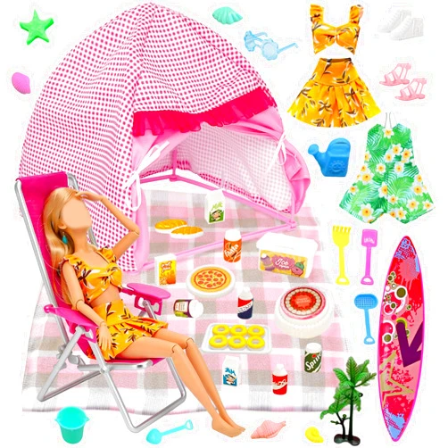 Carreuty 35 Pcs Travel Camping Playset for 11.5 Inch Girl Dolls, with 1 Tent 1 Picnic Mat 1 Chair 1 Surfboard, 12 Beach Toys 13 Camping Food Accessories 2 Summer Outfits, Adventure Toy for Outdoor Pretend