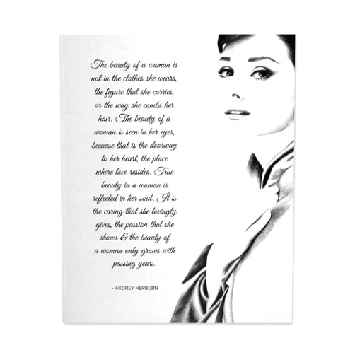 AMERICAN LUXURY GIFTS Beauty of a Woman Quote Wall Art Print – Vintage Audrey Hepburn Portrait Sketch | Inspirational Black and White Poster for Women | Bedroom, Bathroom, Salon Decor | 8x10 Unframed