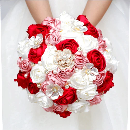 Gkvszy Bridal Wedding Bouquet with Rhinestone Brooch Pearl for Bride Bridesmaid Wedding Quinceanera Satin Rose Flower Bouquet Burgundy and Blush Pink Ivory 8.7in