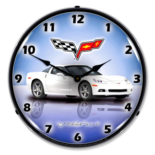 Collectable Sign and Clock Corvette C6 Artic White LED Wall Clock, Retro/Vintage, Lighted, 14 inch
