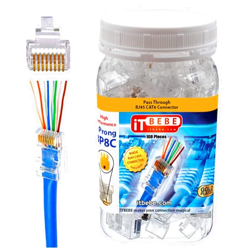 Itbebe.com ITBEBE 100-Pack RJ45 Pass Through Connector | Cat 6 Connectors for High-Speed Data | Pass Through RJ45 with Gold-Plated Contacts | Universal Compatibility | Simplified Termination | Professional-Grade