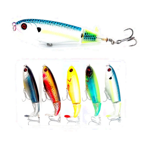 SENPHE 5PCS Topwater Fishing Lures for Bass Fishing with Storage Box, Whopper Popper Fishing Lure for Bass Catfish Pike Perch, Floating Pencil Bass Bait with Rotating Tail Freshwater