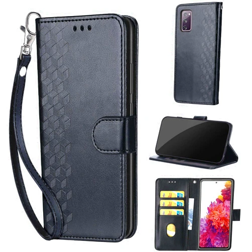 KENHONER Designed for Samsung Galaxy S20 FE Case Wallet,Women Flip Folio Cover with Embossed PU Leather Stand Credit Card Holders Slots Wrist Strap Phone Case for Samsung S20 FE 5G (Black Cube)