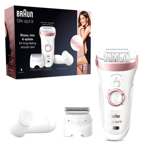 Braun Silk-épil 9-880 Epilator for Long-Lasting Hair Removal Includes a Facial Cleansing Brush High Frequency Massage Cap Shaver and Trimmer Head Cordless Wet and Dry Epilation for Women