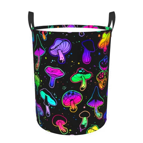 SHANGYINGJI Bright Psychedelic Mushrooms Round Canvas Linen Laundry Hamper, Waterproof Storage Bin For Toys, Books, Clothes, Pets, Laundry Basket, Gift Basket Medium