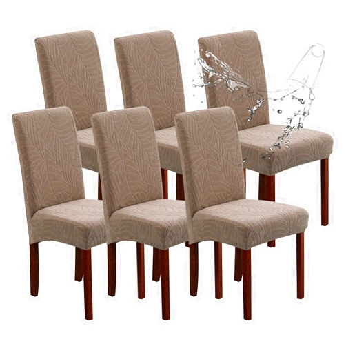 Genina Waterproof Chair Covers for Dining Room, Stretch Jacquard Dining Chair Slipcovers Removable Washable Chair Protector for Kitchen, Hotel, Restaurant (Leaves-Taupe, 6 PCS)