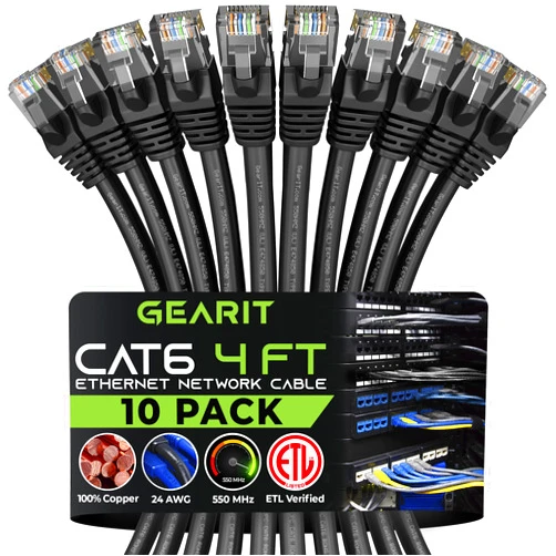GearIT Cat 6 Ethernet Cable 4 ft (10-Pack) - Cat6 Patch Cable, Cat 6 Patch Cable, Cat6 Cable, Cat 6 Cable, Cat6 Ethernet Cable, Network Cable, Internet Cable - Black 4 Feet