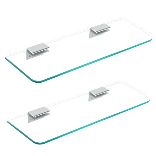 Koilria Glass Shelves, Glass Shower Shelves for Bathroom Tempered Glass Floating Shelves for Wall with Aluminum Brackets, 2 Tiers, 15 x 5 Inches, Drill or No Drill Install