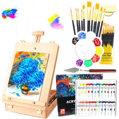WOWOSS Tabletop Art Easel Box Set, 40PCS Painting Kit for Adult Artists & Beginners, Easel Stand with 24 Acrylic Paints, 3 Canvas Panels, Brushes, for Indoor & Outdoor Use, Painting & Sketching