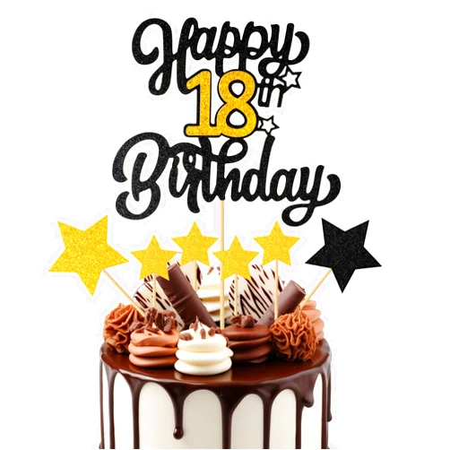 AHQiZFX 1PCS Happy 18th Birthday Cake Topper - Black Gold Glitter Cheers to 18 Years, Fabulous Cake Decoration for 18th Birthday or Anniversary Party