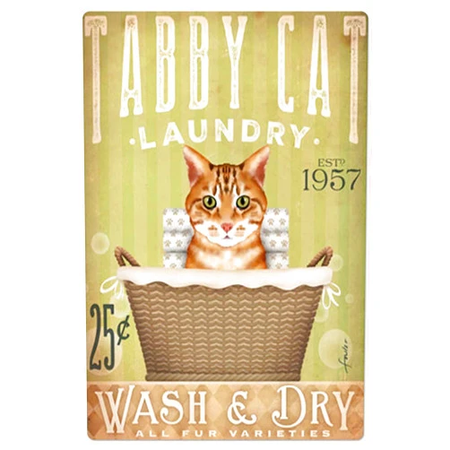 Pzecaru Vintage Orange Cat Tin Sign Tabby Cat Laundry Metal Poster Retro Plaque Wall Decor Gift For Garden Men Cave Garage Classroom Library Living Room School 8x12 Inch
