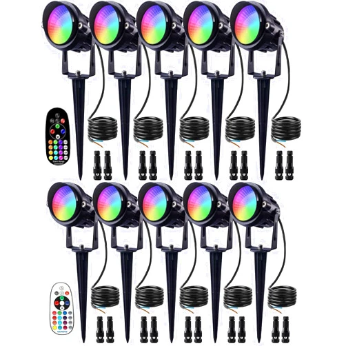 SUNVIE 12W Low Voltage Landscape Lighting RGB Color Changing LED Landscape Lights with Remote Control Waterproof Garden Patio Spotlight Christmas Decoration for Outdoor(10 Pack with Connector)